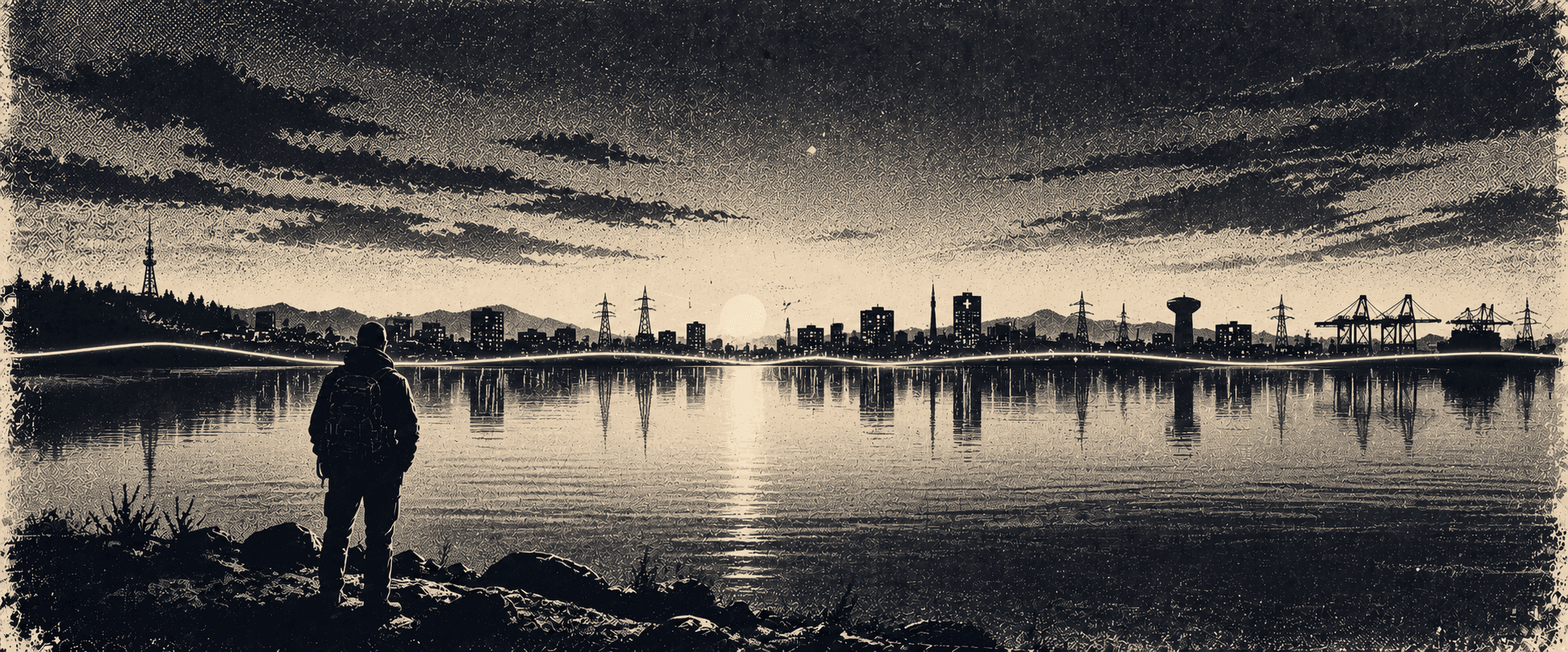 A single figure standing at the edge of a still lake at dawn, the far shore a low silhouette of a city grid.