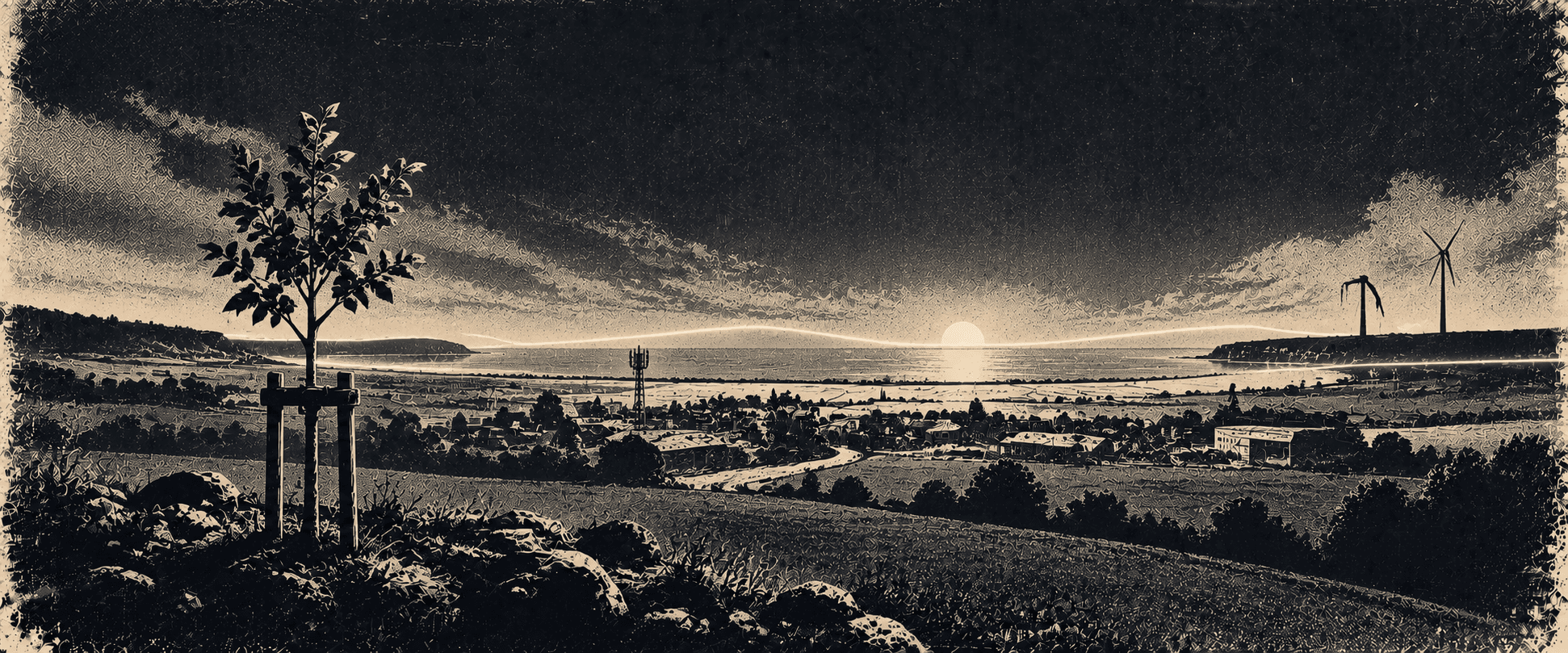 A young tree in the foreground, a small settlement mid-distance, and wind turbines on the far horizon.